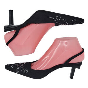 Alain Tondowski Size 6.5 Sequin Slingback‎ Kitten Heels Pointed Toe Black Shoes